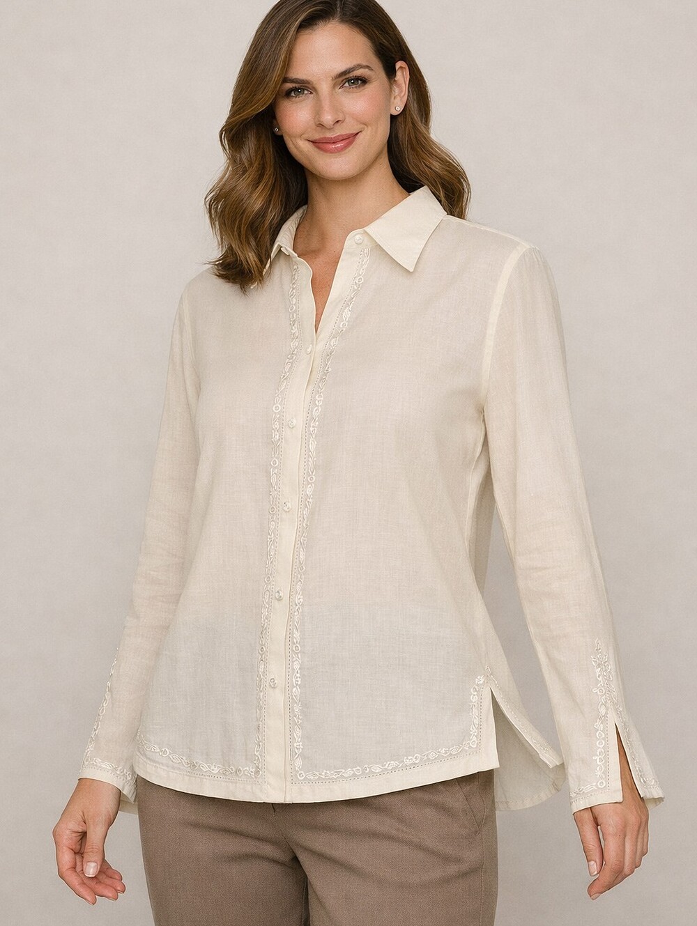 Ralph Lauren Cream Sheer Blouse Button Down Embroidered Trim Size S
